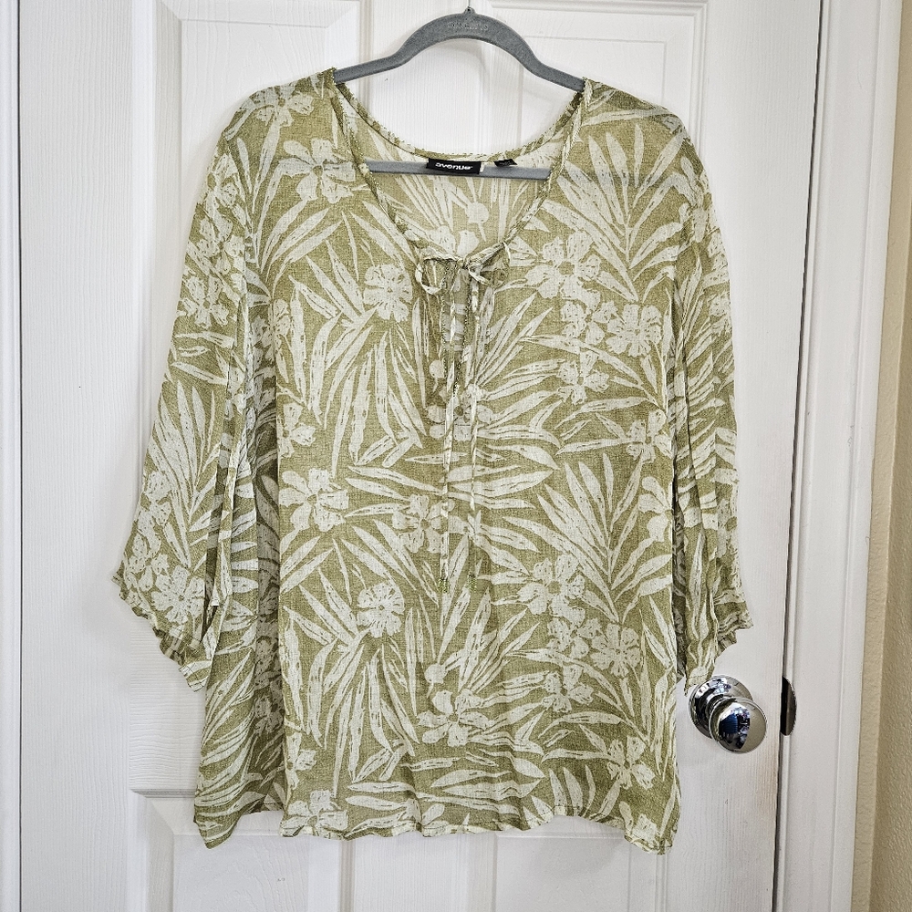 Avenue Plus Size 18/20 Sage Green Leaf Print Sheer Rayon Beaded Boho Blouse